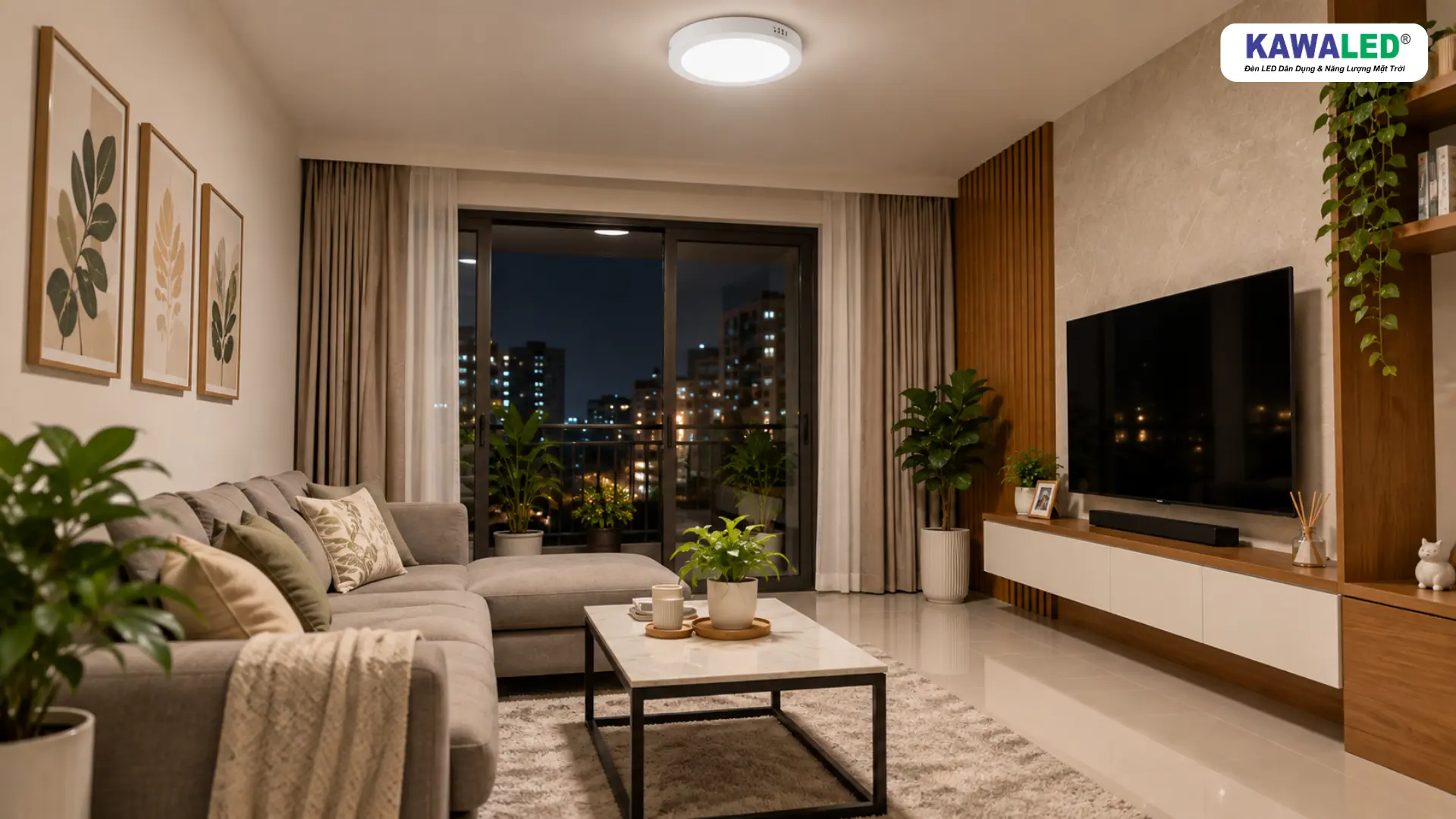 Đèn LED ốp trần phòng khách KAWALED chiếu sáng đều vào buổi tối