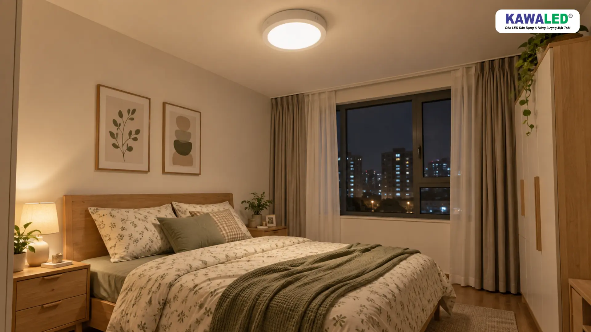 Đèn ốp trần phòng ngủ với ánh sáng dịu và tỏa đều