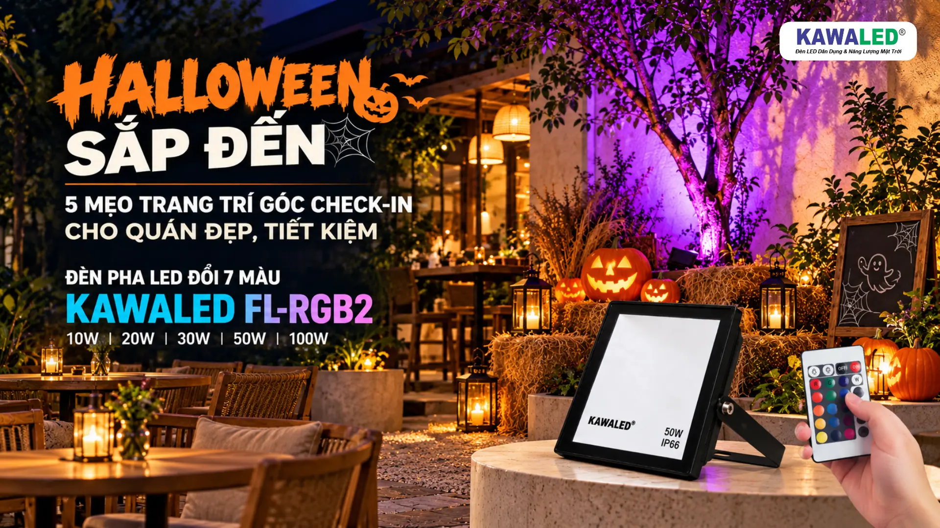 Đèn pha LED đổi 7 màu KAWALED FL-RGB2 và remote điều khiển trang trí Halloween cho quán cà phê.