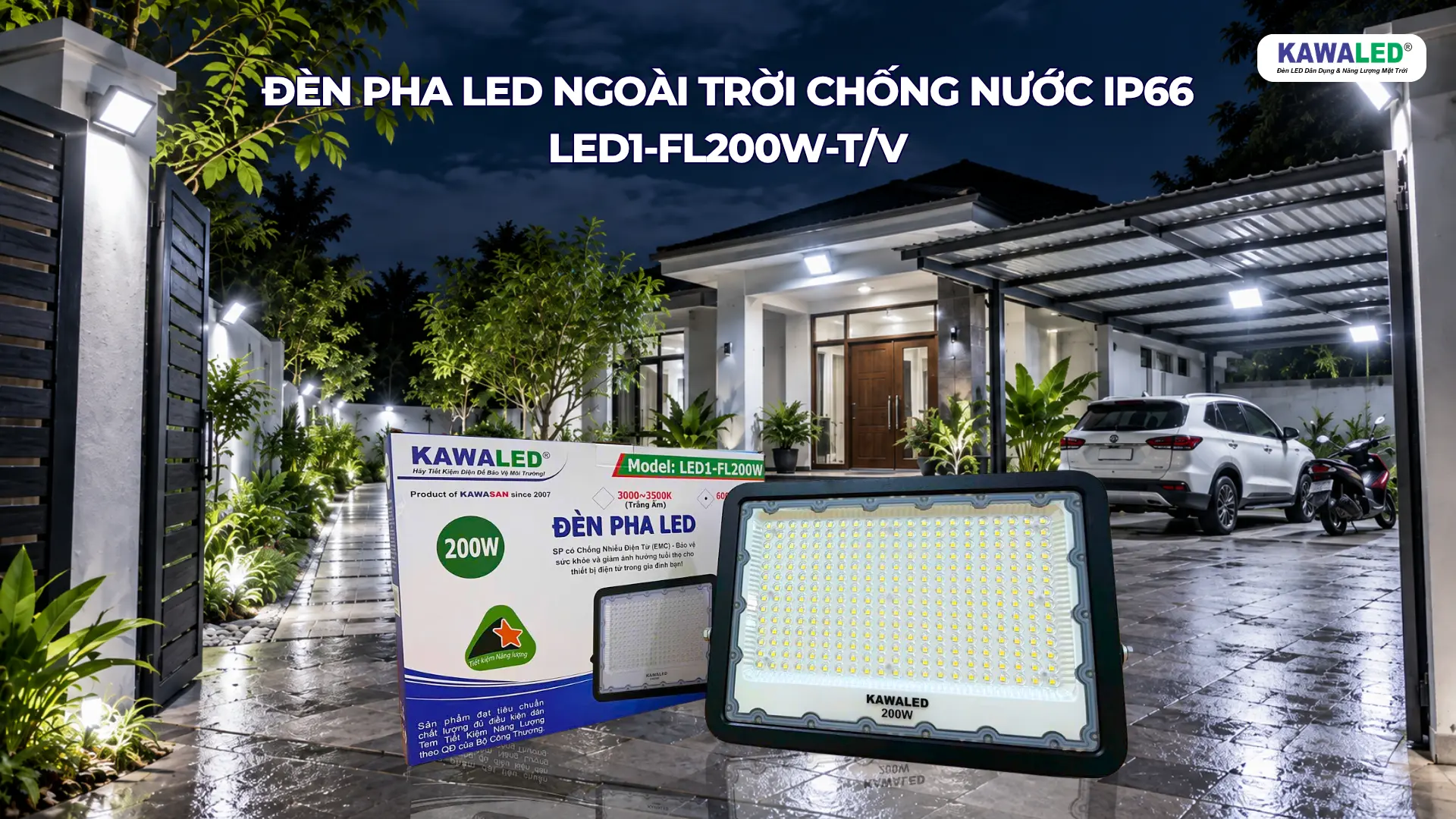 Đèn pha LED KAWALED LED1-FL200W chống nước IP66 dùng ngoài trời
