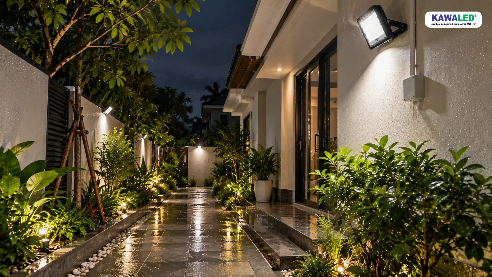 Đèn pha sân vườn ngoài trời chiếu sáng lối đi sau mưa