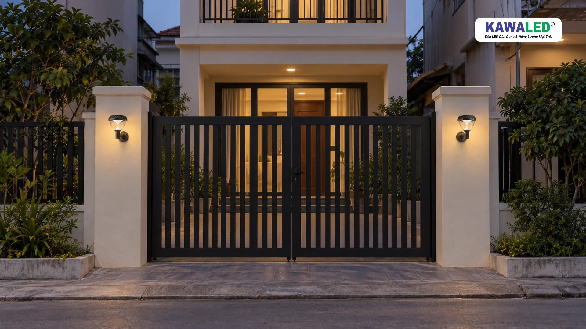 Hai đèn tường rào ngoài trời bố trí đối xứng trên hai trụ cổng.