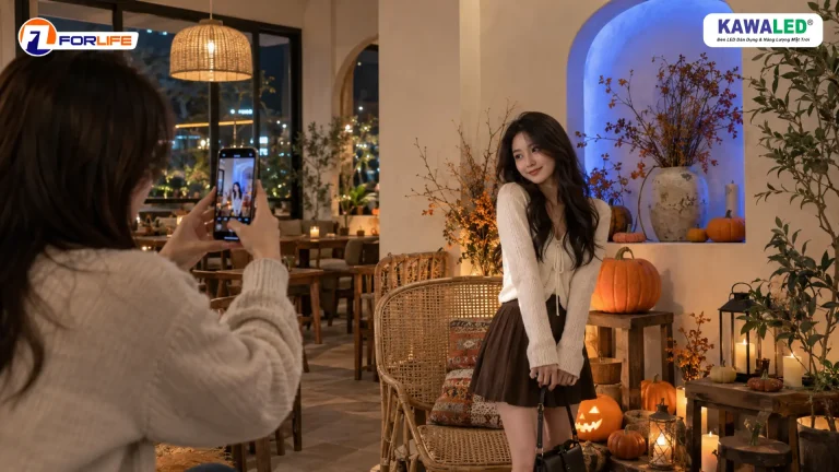 Khách chụp ảnh bằng điện thoại tại góc check-in Halloween có bí ngô và hốc tường hắt xanh dương.