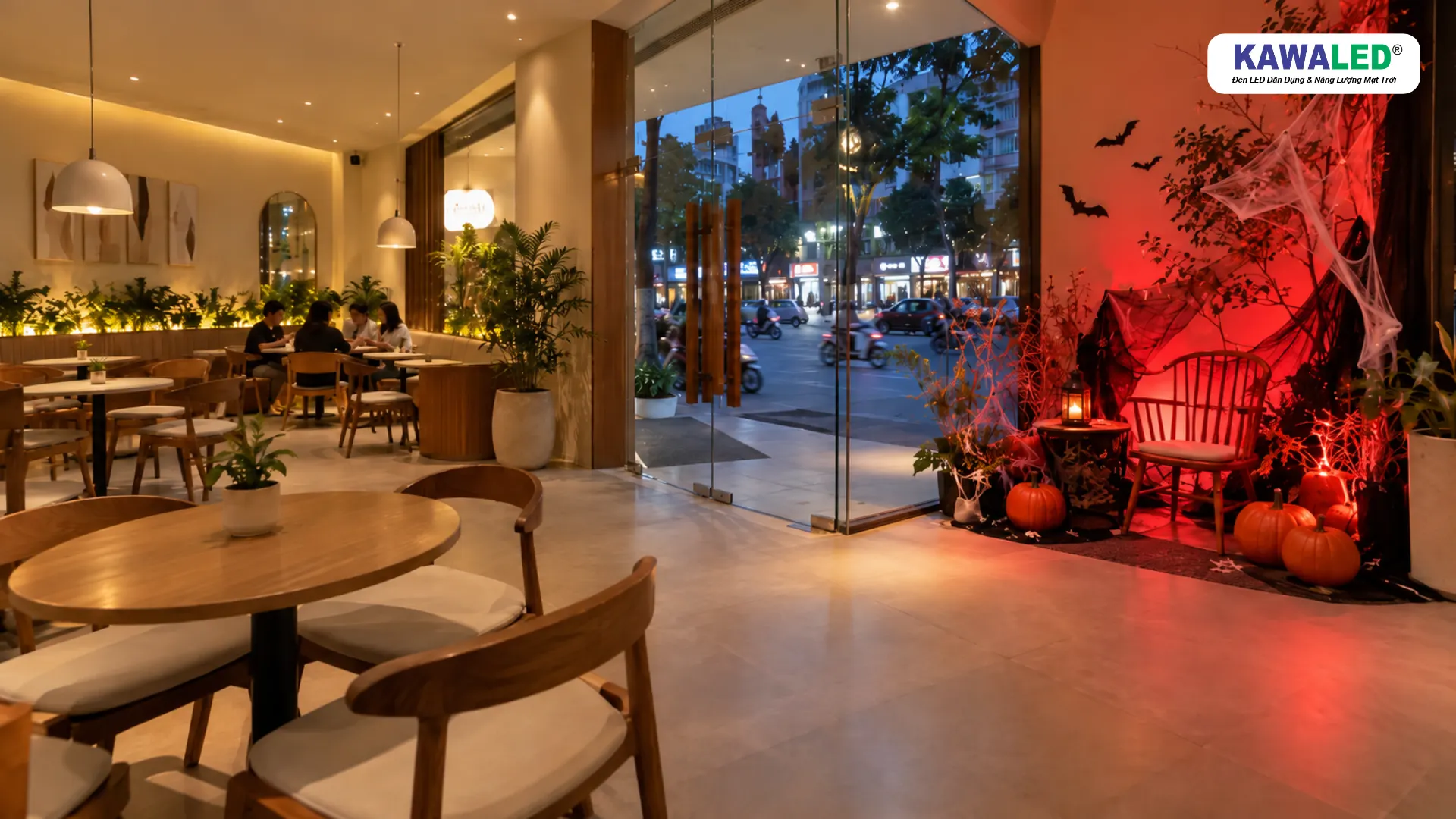 Góc check in Halloween tại quán trà sữa với bí ngô, mạng nhện và ánh sáng đỏ.