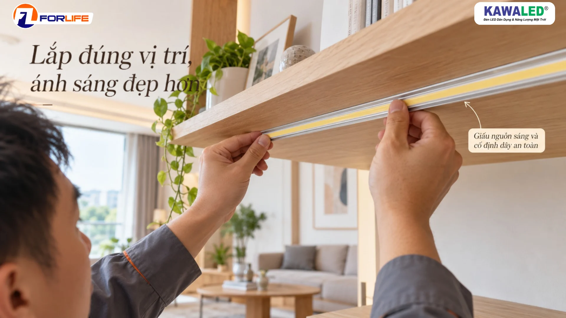 Kỹ thuật viên lắp LED dây dán COB vào thanh nhôm định hình dưới kệ gỗ phòng khách