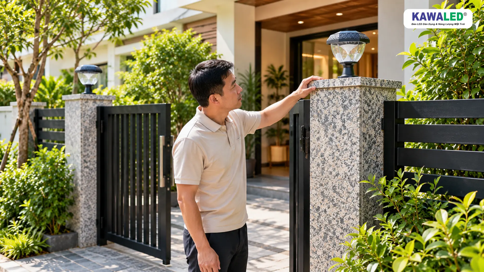 Mặt tiền nhà phố kết hợp ánh sáng vàng ấm từ hai đèn trụ cổng cùng cây xanh trang trí.