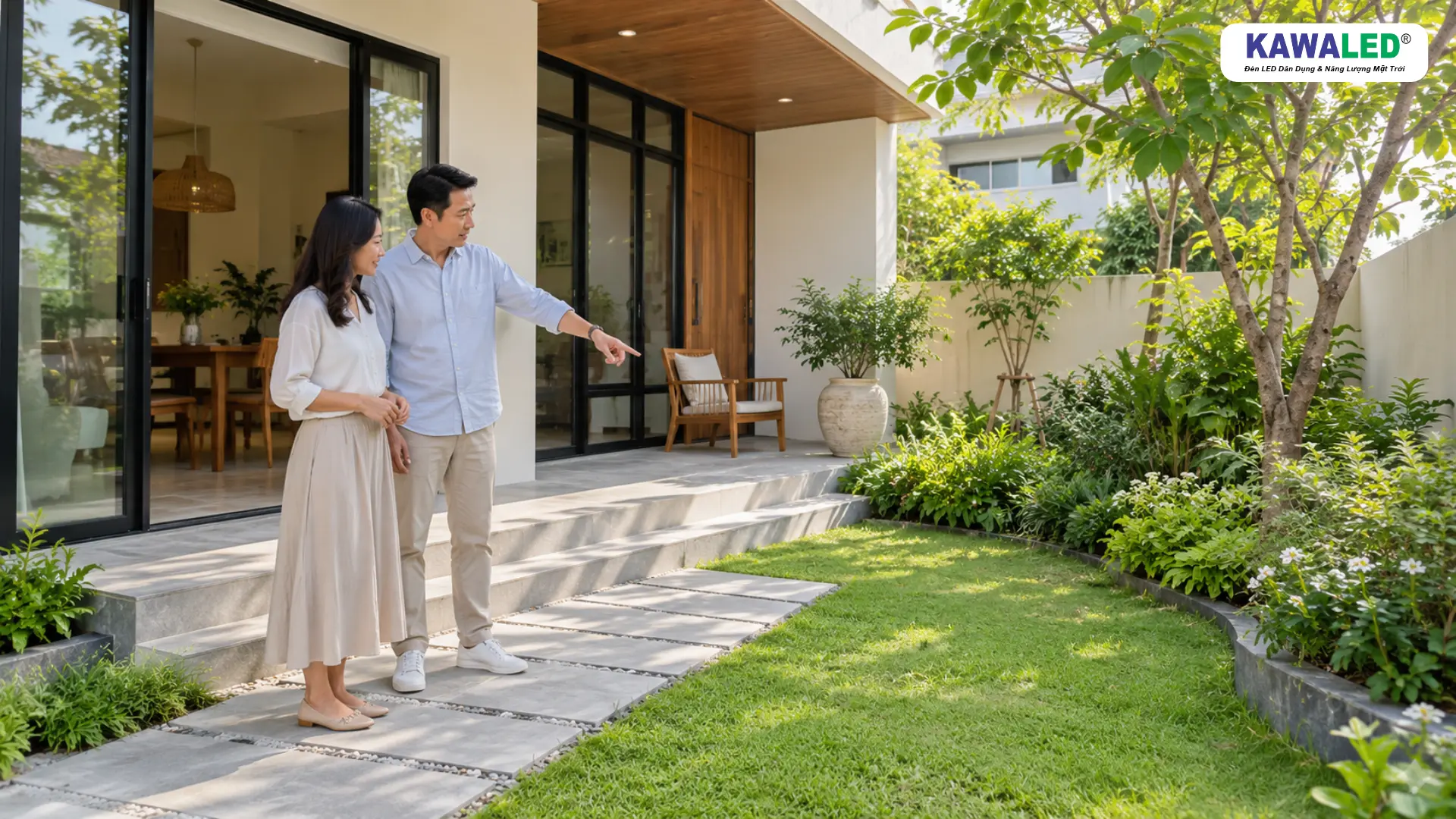 Hai vợ chồng quan sát thảm cỏ và bồn cây trước sân nhà hiện đại.