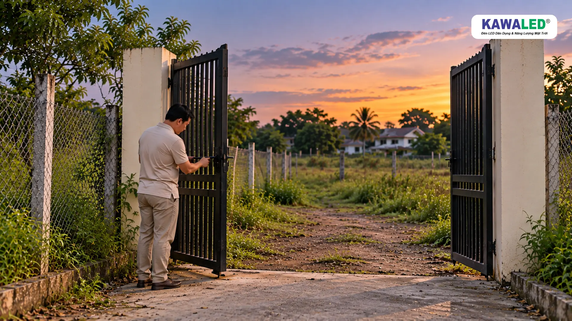 Người đàn ông mở cổng khu đất chưa xây nhà vào chiều tối khi lối đi bắt đầu thiếu ánh sáng.