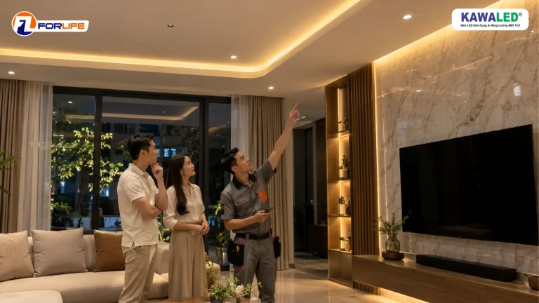 Gia chủ và kỹ thuật viên kiểm tra ánh sáng đèn LED hắt trần trước khi bàn giao nhà