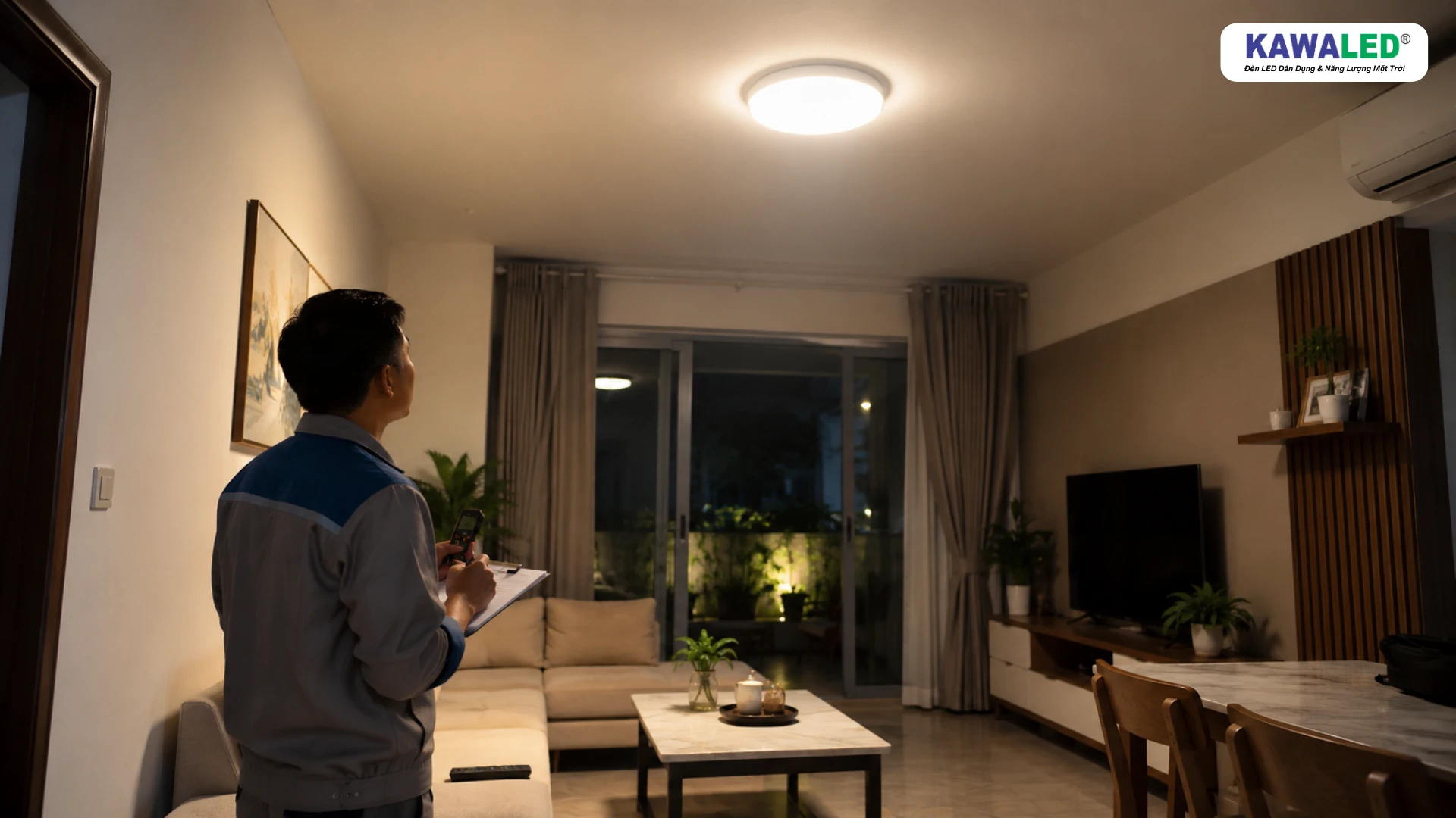 Kỹ thuật viên kiểm tra độ sáng và vị trí đèn LED ốp trần trong phòng khách
