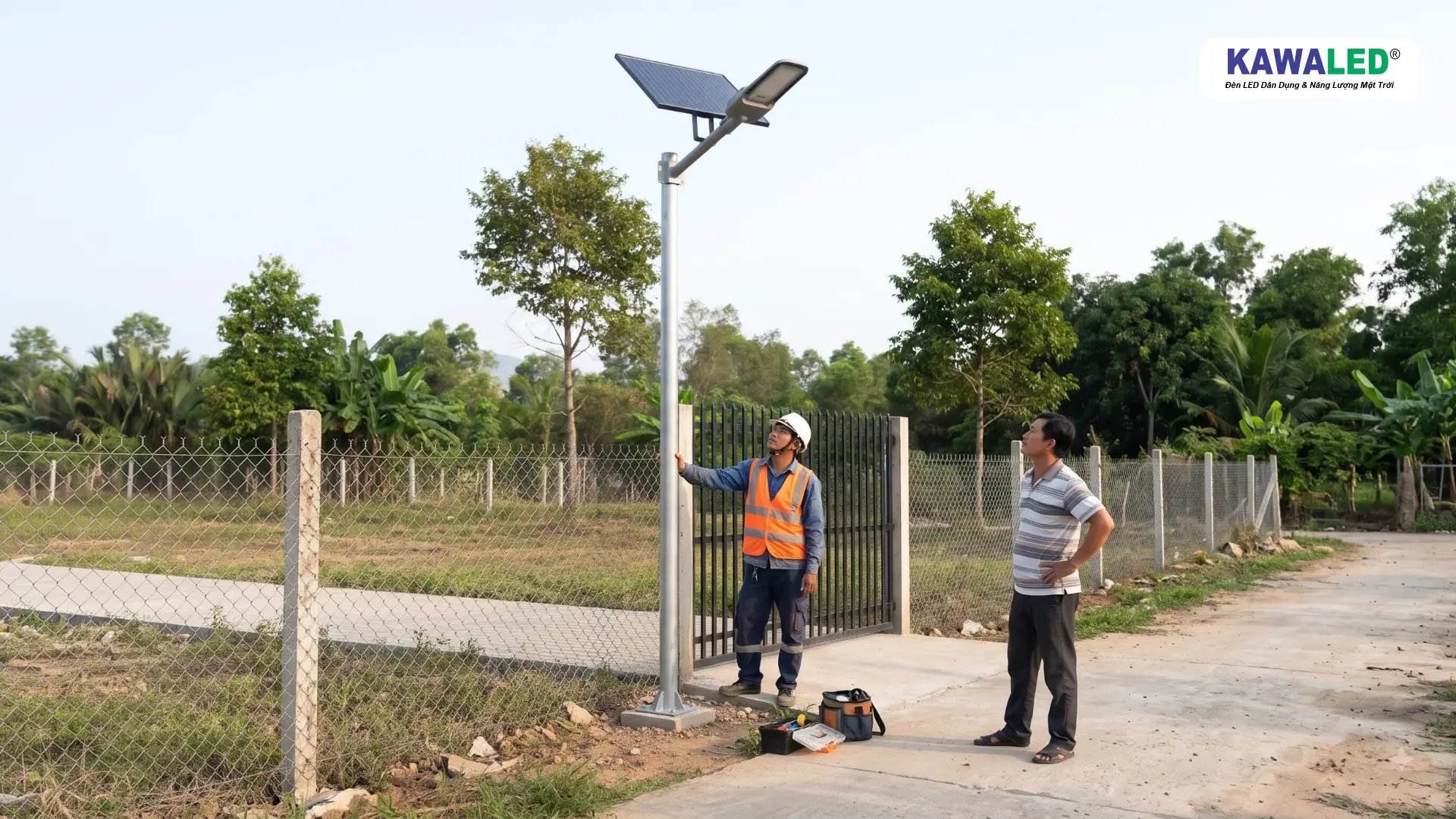 Nhân viên kỹ thuật kiểm tra cột và vị trí lắp đèn đường năng lượng mặt trời tại khu đất chưa xây nhà.
