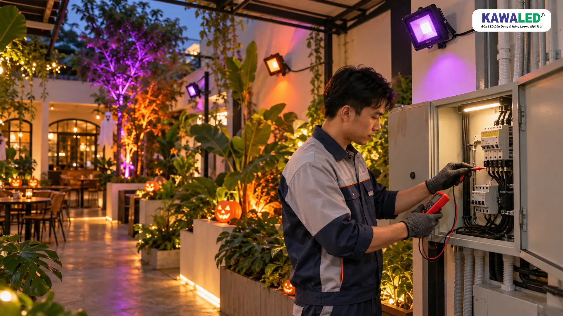 Kỹ thuật viên kiểm tra nguồn điện khi đèn LED bị chập chờn.