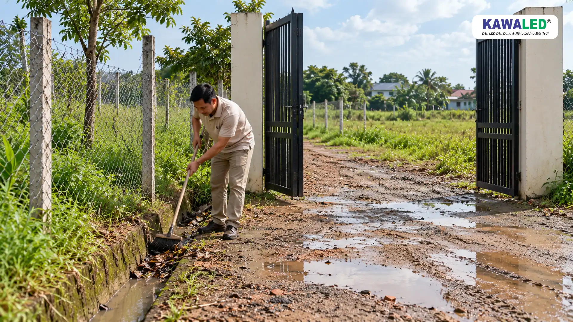 Người đàn ông dọn lá cây tại rãnh thoát nước bên lối đất chưa xây dựng sau mưa.