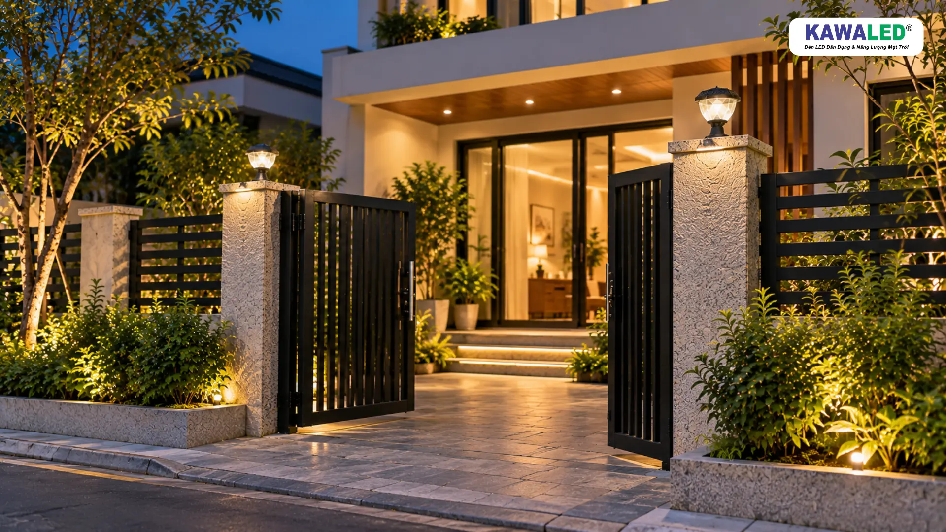 Người đàn ông kiểm tra vị trí lắp đèn năng lượng mặt trời trên trụ cổng granite vào ban ngày.