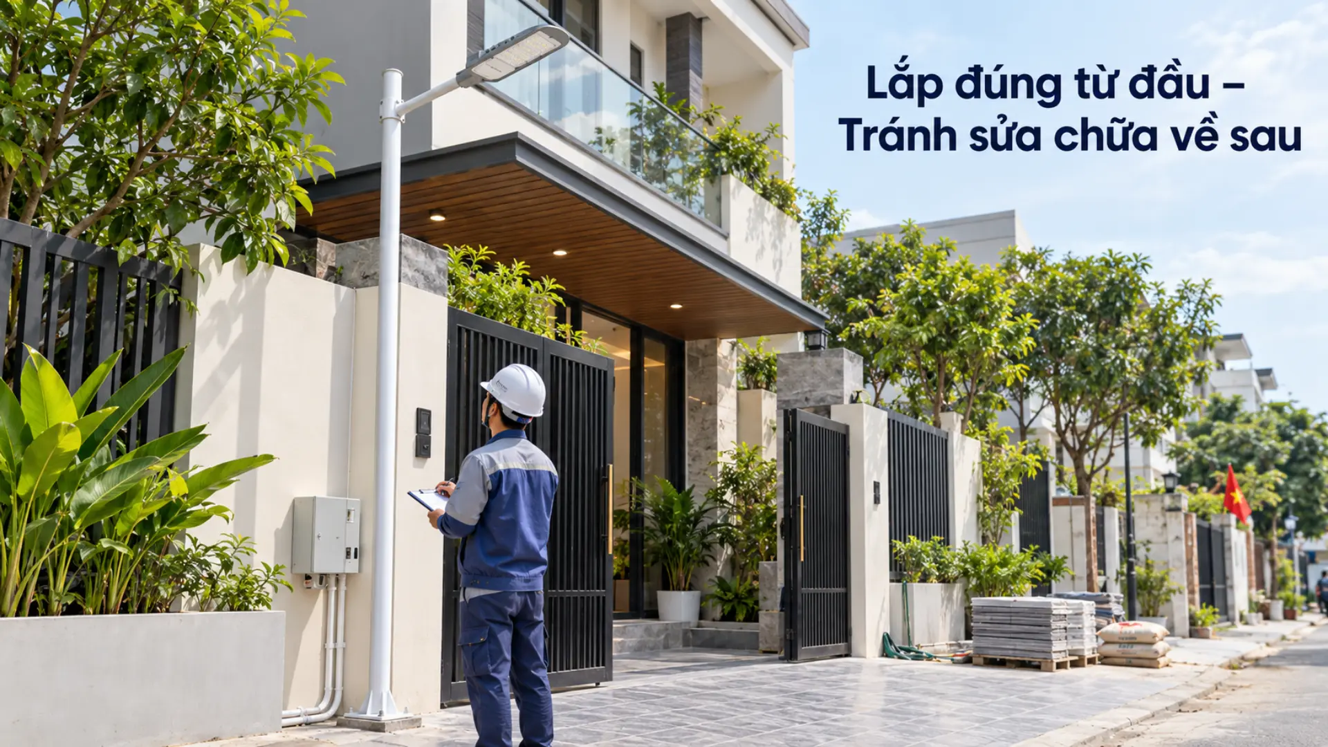 Kỹ thuật viên kiểm tra vị trí lắp đèn cảm ứng ánh sáng KAWALED SST và hệ thống điện ngoài trời.