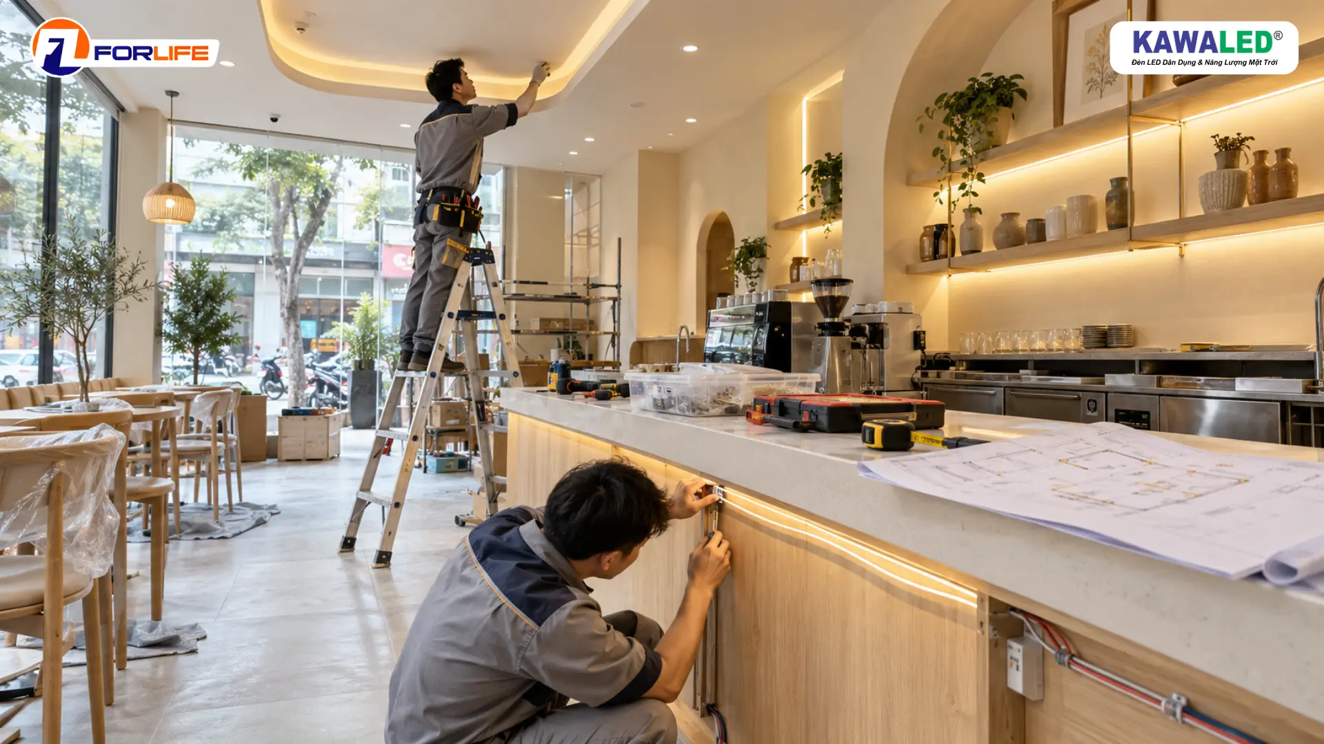 Kỹ thuật viên kiểm tra vị trí lắp đèn LED dây 220V tại trần và quầy pha chế trong quá trình sửa quán cà phê.