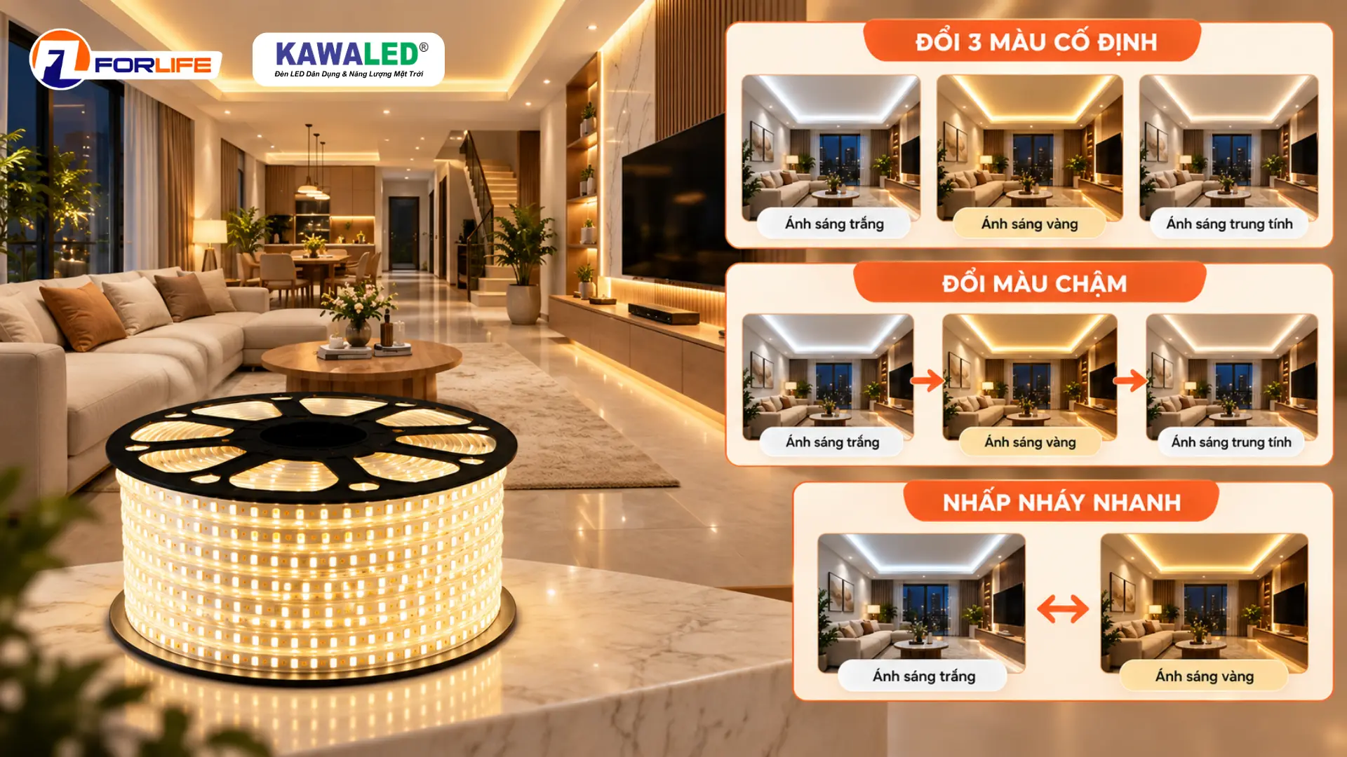 LED dây 220V đổi màu với ba màu trắng, vàng, trung tính và hai hiệu ứng ánh sáng