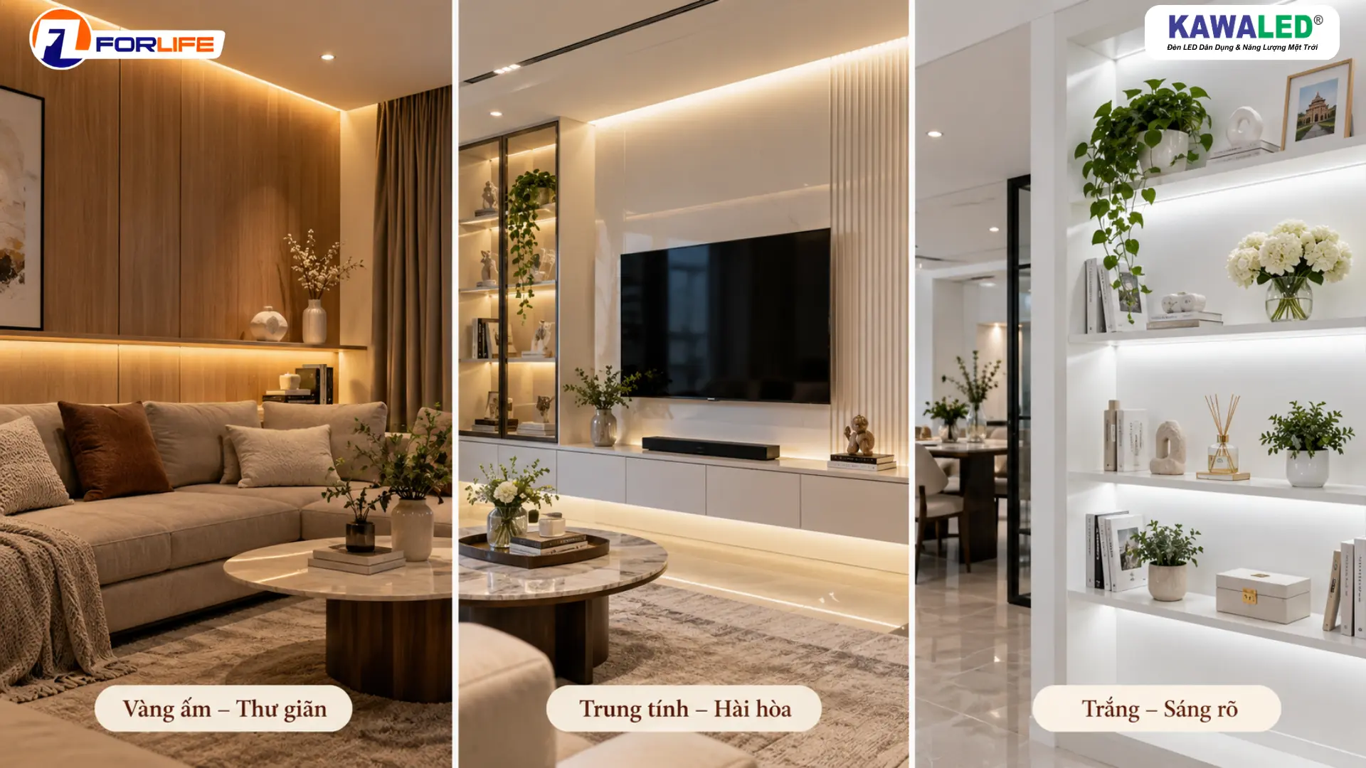So sánh ba màu ánh sáng LED dây COB gồm vàng ấm, trung tính và trắng trong trang trí nội thất