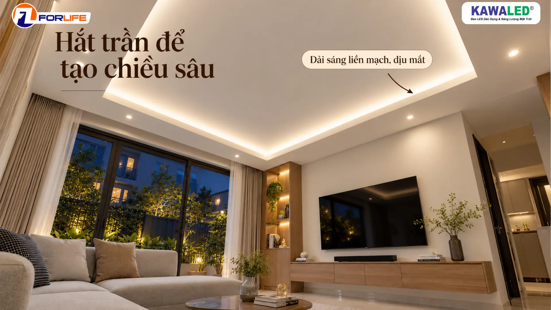 LED dây COB hắt trần thạch cao phòng khách tạo dải sáng liền mạch và chiều sâu