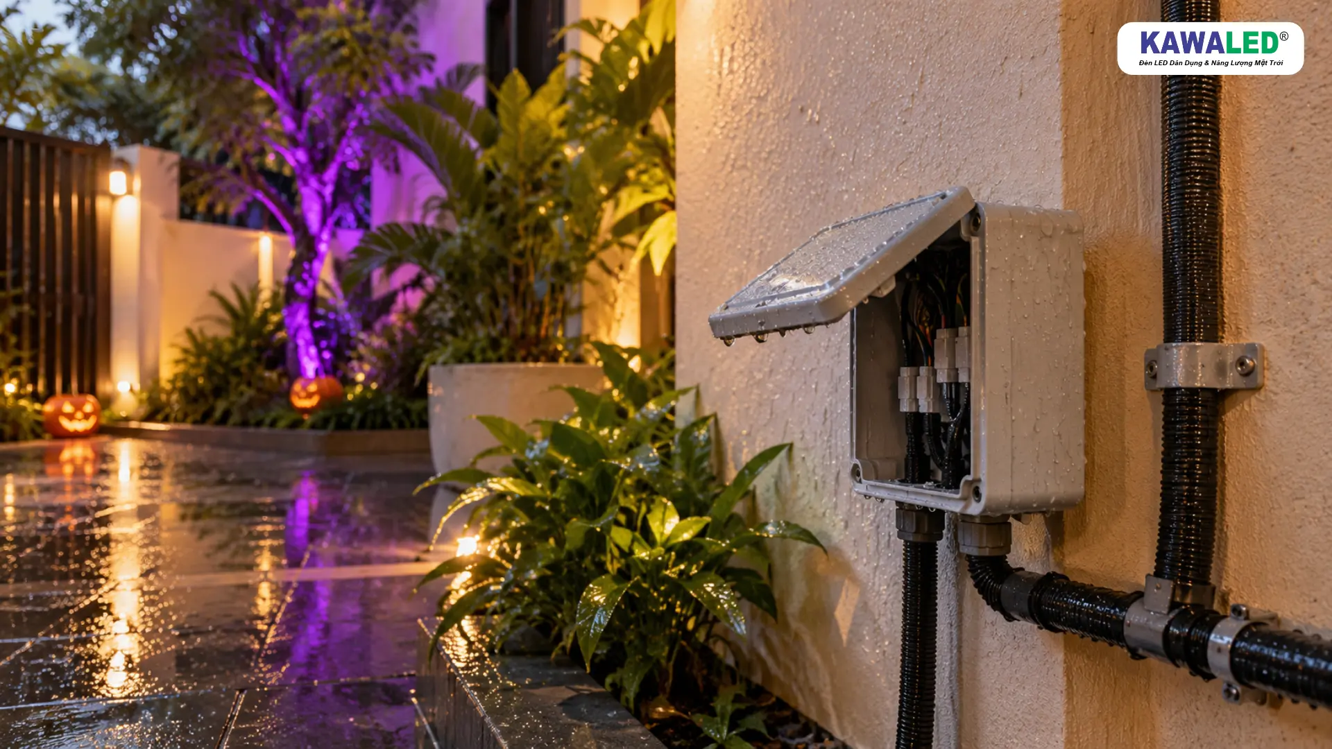 Hộp nối điện ngoài trời bị ẩm sau mưa gây nguy cơ đèn LED chập chờn.