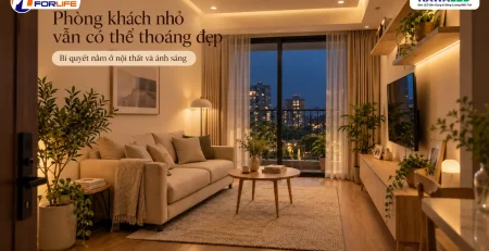 Phòng khách nhỏ hiện đại trang trí LED dây COB hắt trần và kệ tivi tạo chiều sâu