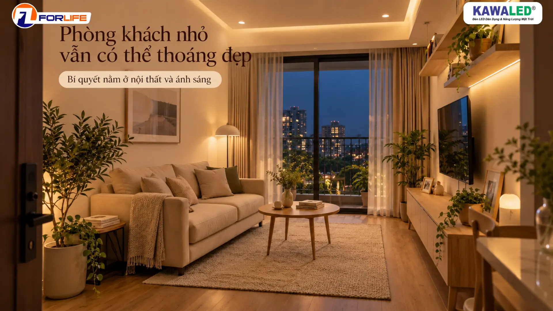 Phòng khách nhỏ hiện đại trang trí LED dây COB hắt trần và kệ tivi tạo chiều sâu