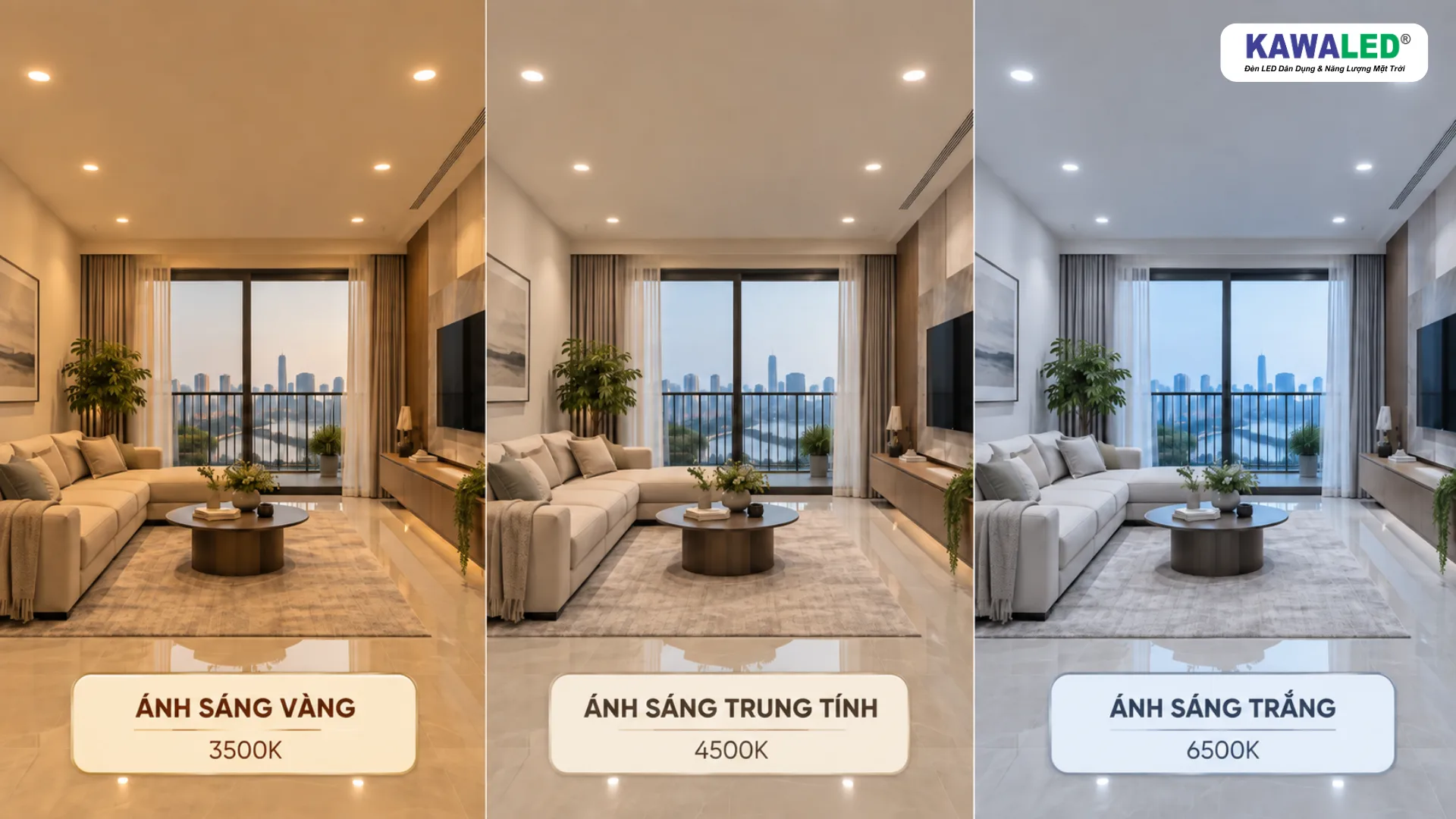 So sánh ánh sáng vàng 3500K, ánh sáng trung tính 4500K và ánh sáng trắng 6500K