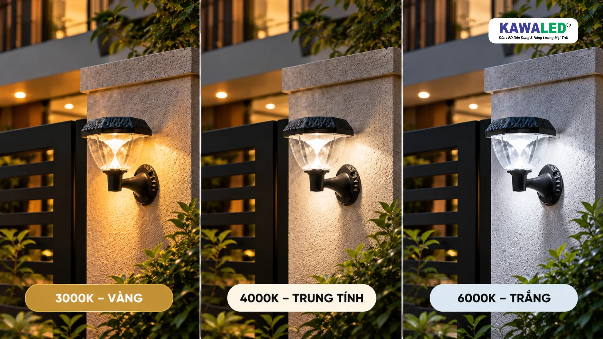 So sánh đèn tường ánh sáng vàng 3000K, trung tính 4000K và trắng 6000K.