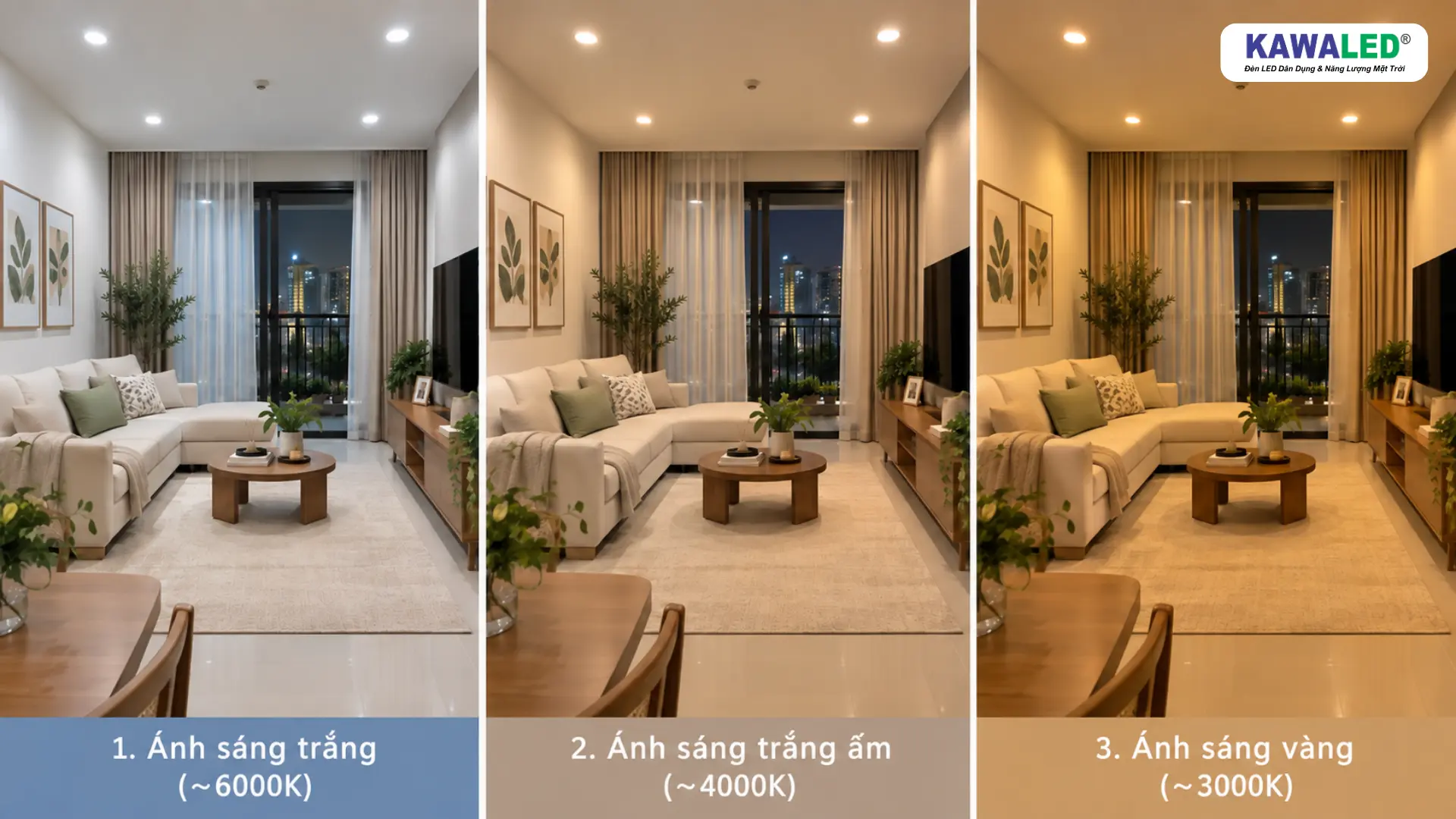 So sánh ánh sáng màu trắng, ánh sáng trắng ấm và ánh sáng màu vàng trong phòng khách