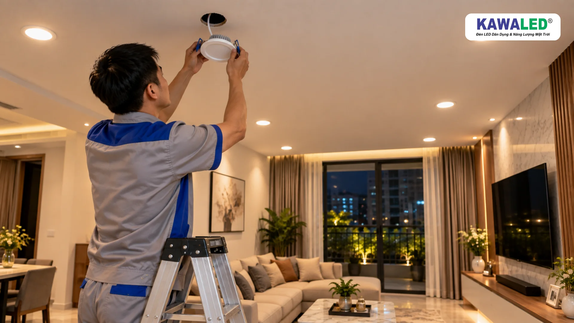 Kỹ thuật viên thay đèn LED âm trần cũ bằng đèn mới trên trần thạch cao