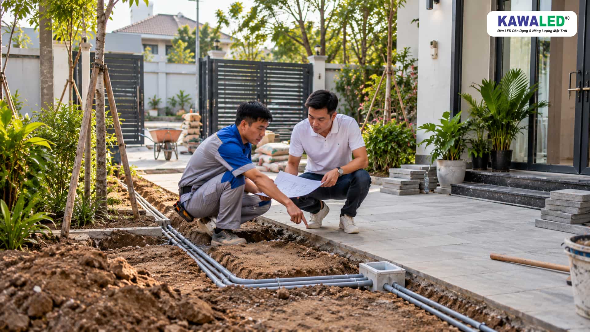 Thợ điện và chủ nhà kiểm tra bản vẽ, đường ống luồn dây điện ngầm ngoài sân trước khi lát gạch hoàn thiện.