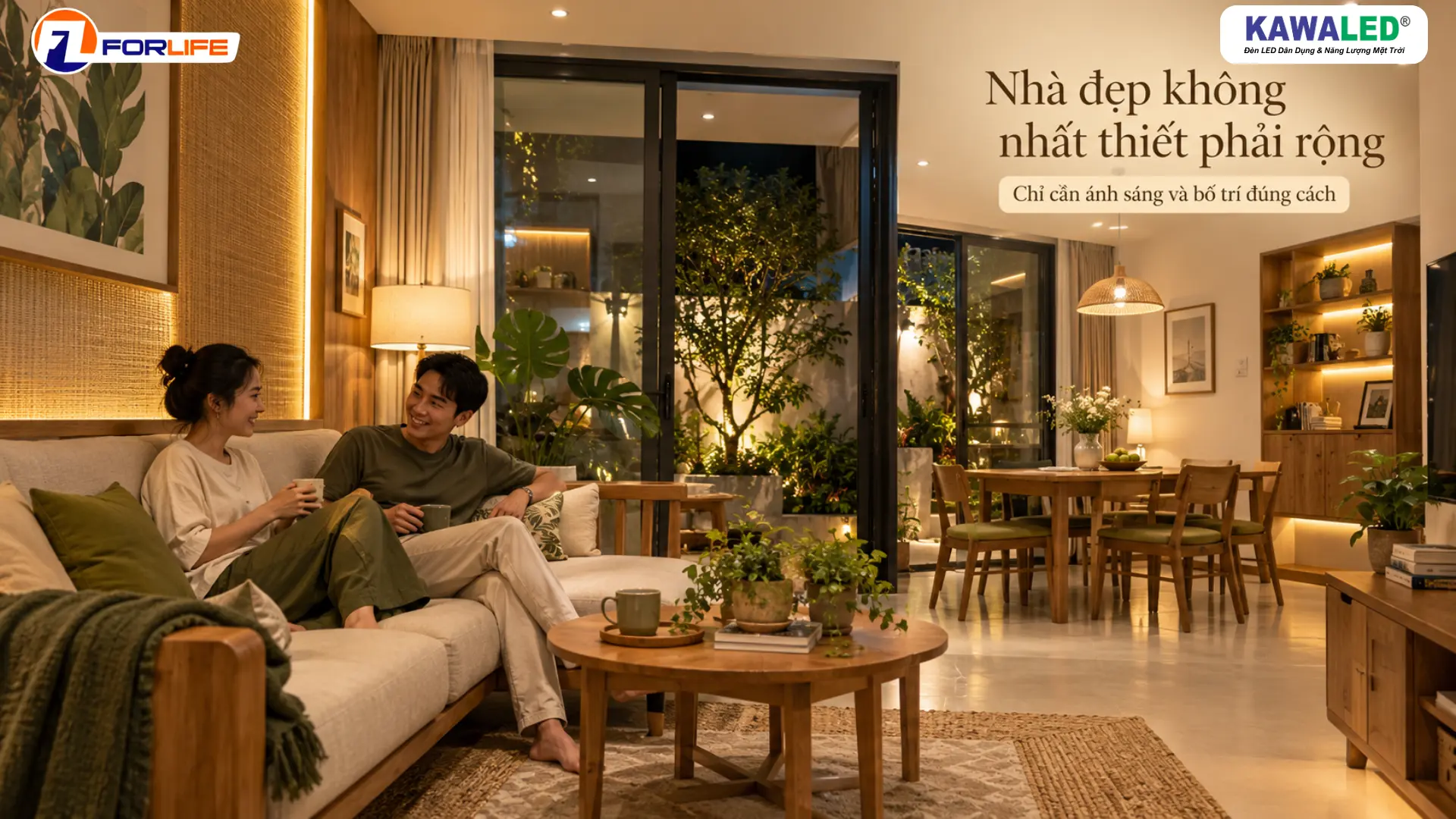 Thiết kế ánh sáng phòng khách nhỏ với LED dây COB hắt vách và kệ trang trí tạo không gian ấm cúng