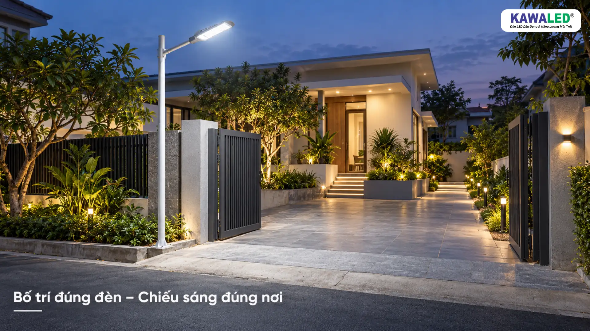 Thiết kế chiếu sáng ngoài nhà với đèn đường KAWALED SST tại sân, cổng và lối đi sân vườn.
