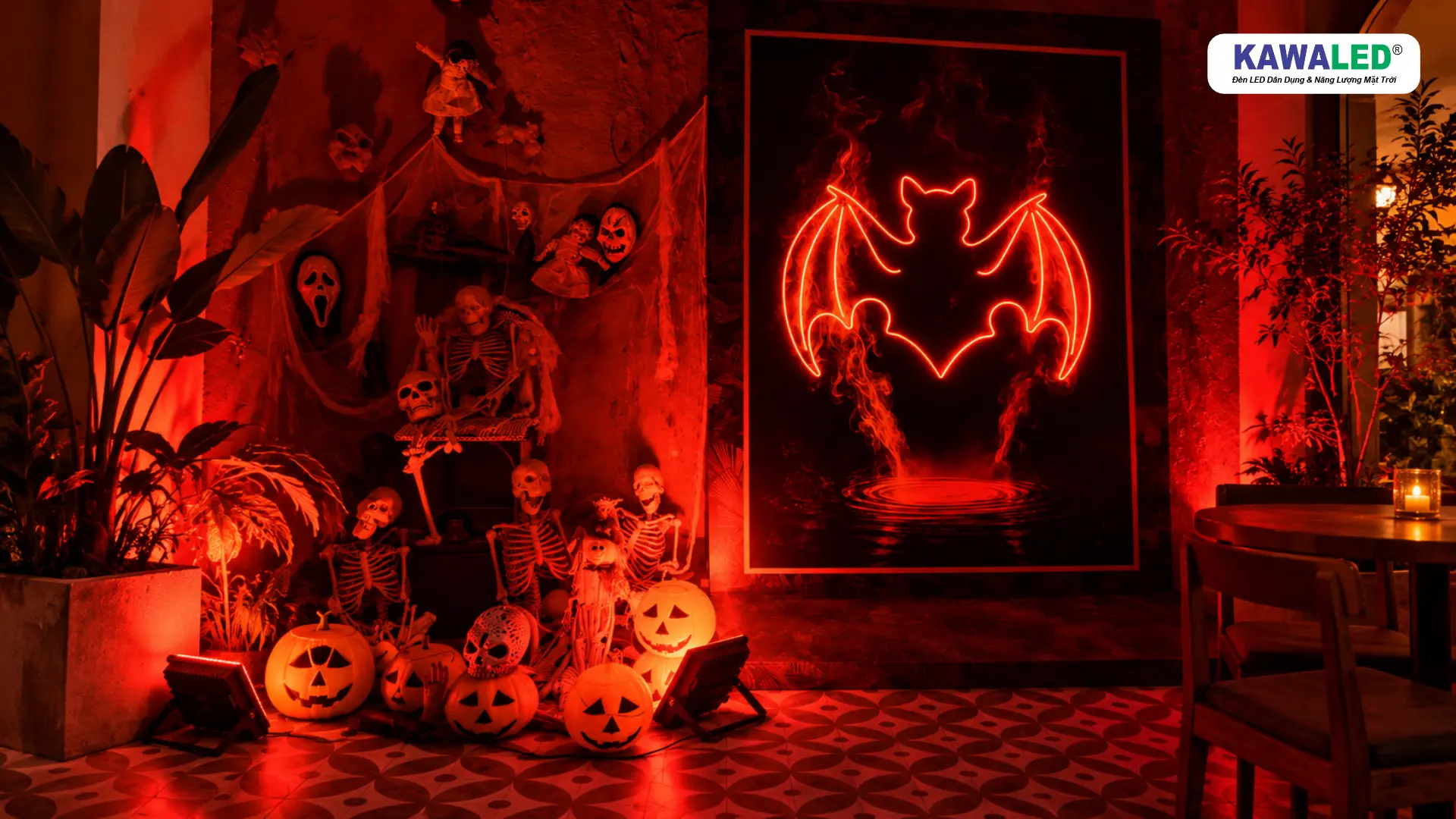 Đèn pha LED ánh sáng đỏ chiếu lên góc Halloween với bí ngô, bộ xương và hình dơi.