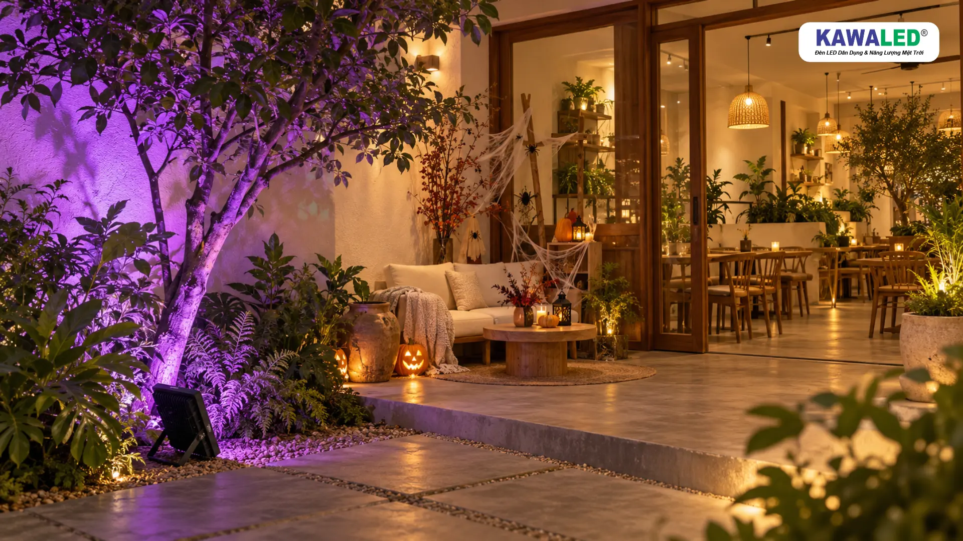 Trang trí Halloween cho quán cà phê sân vườn với ánh sáng tím, cây xanh và bí ngô.