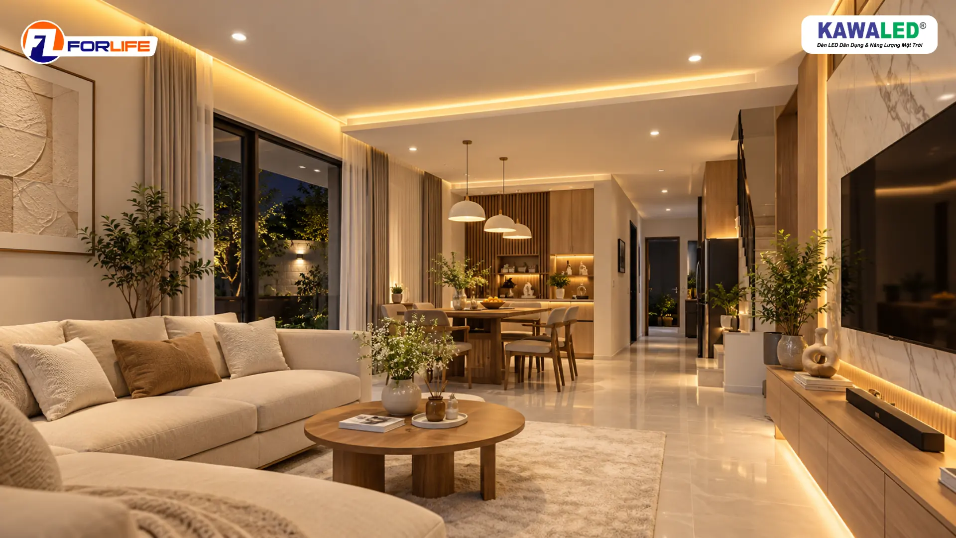 Ứng dụng đèn LED hắt trần đổi màu ánh sáng vàng trong phòng khách và bàn ăn nhà phố