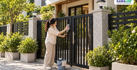 Người phụ nữ dùng khăn mềm làm sạch cổng sắt đen tại mặt tiền nhà phố hiện đại.