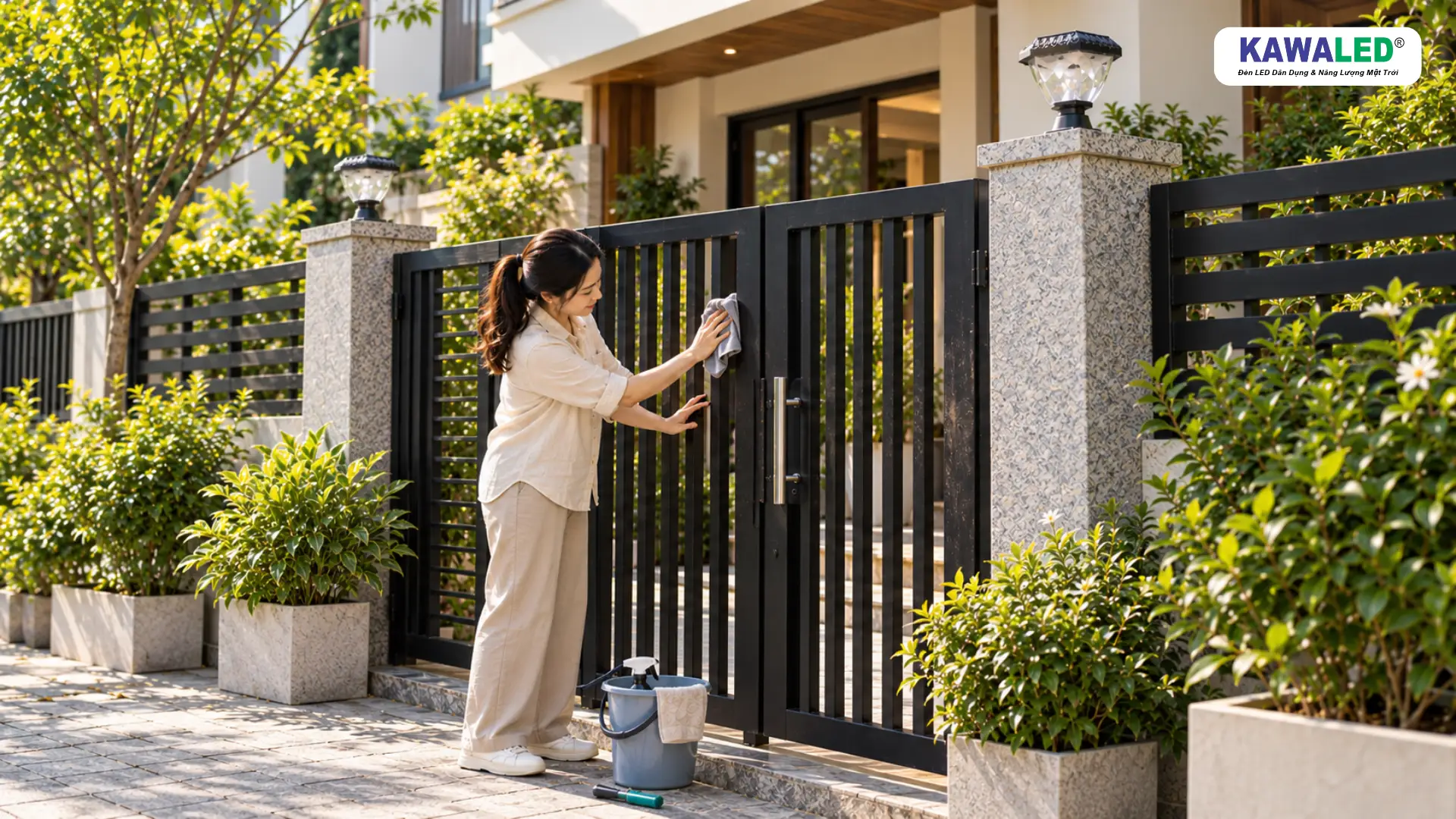 Người phụ nữ dùng khăn mềm làm sạch cổng sắt đen tại mặt tiền nhà phố hiện đại.