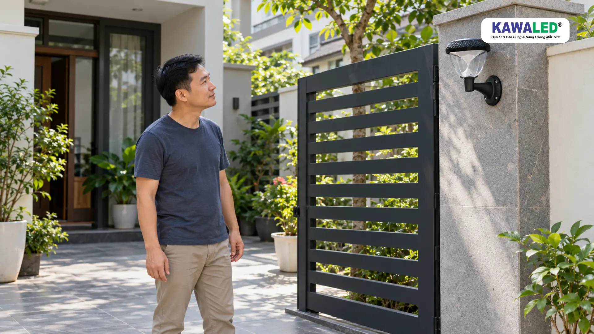 Người đàn ông quan sát đèn năng lượng mặt trời treo tường trên trụ cổng vào ban ngày.