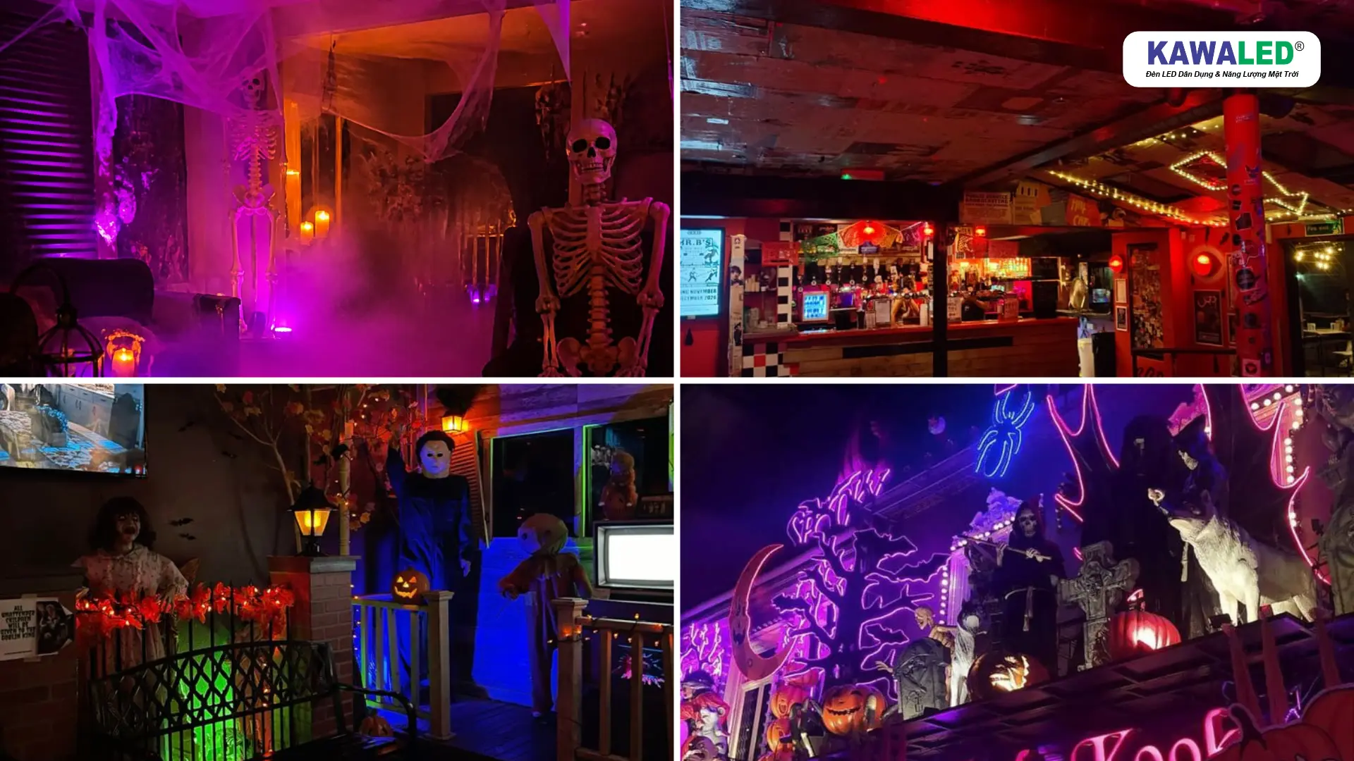 Không gian Halloween ngoài trời với nhiều vùng ánh sáng xanh lá, xanh dương và tím.